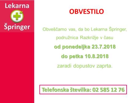 Zasebna ambulanta družinske medicine, Davorin Kolarić dr. med. in Lekarna Špringer, podružnica Razkrižje – obvestilo o dopustih